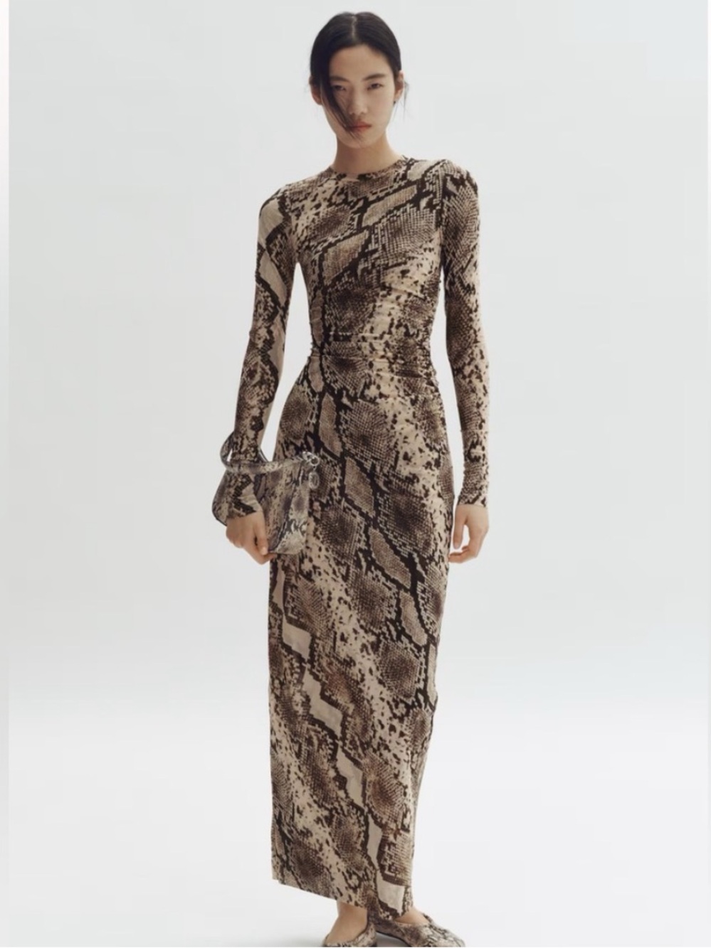 Stella McCartney H&M Long-Sleeve Snake-Print Maxi Dress in Brown and Cream